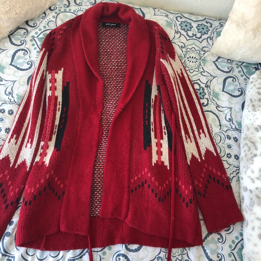 Red cardigan with designs